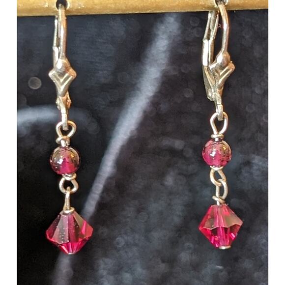 Vintage Garnet & Red Crystal Marked 925 Leverback Dangle Earrings - Picture 1 of 7